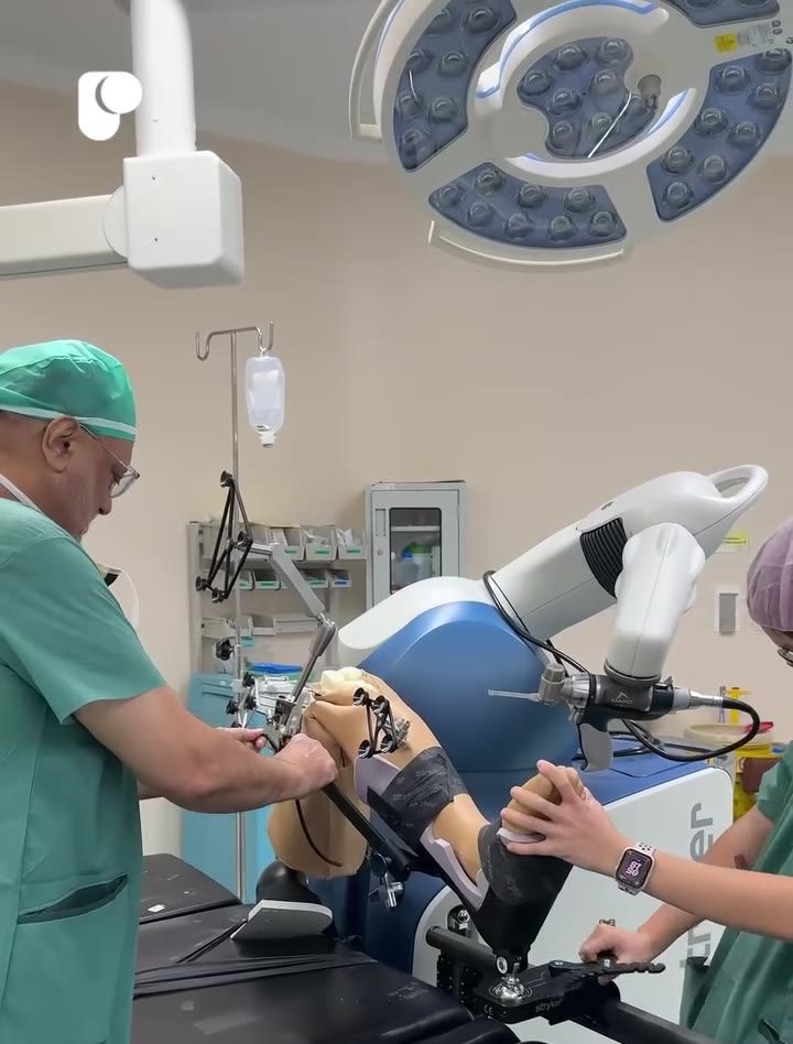 Dr Gobinder Singh demonstrating robotic-arm assisted knee replacement on a training model in an operating theatre